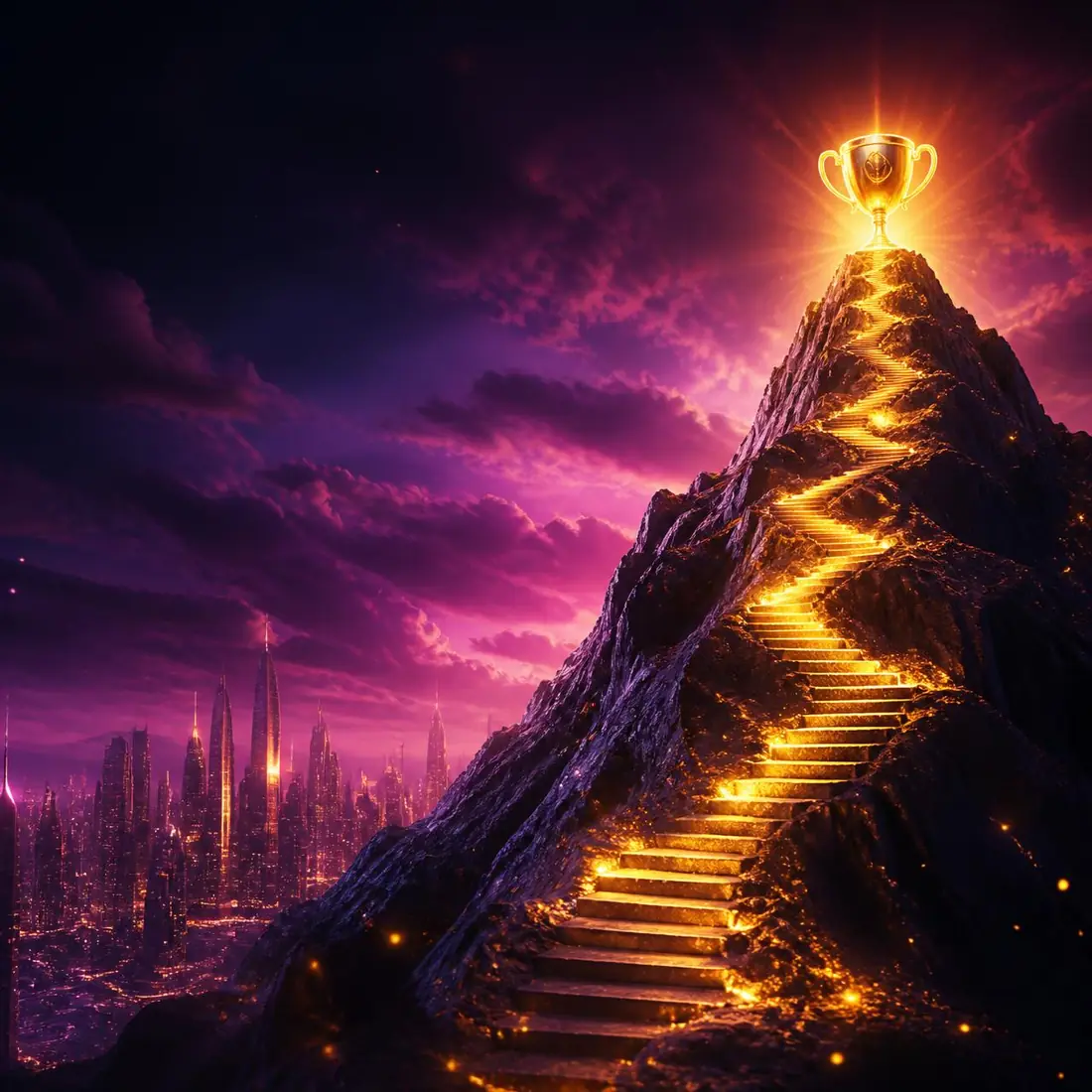 Glowing career path climbing a mountain toward a golden trophy